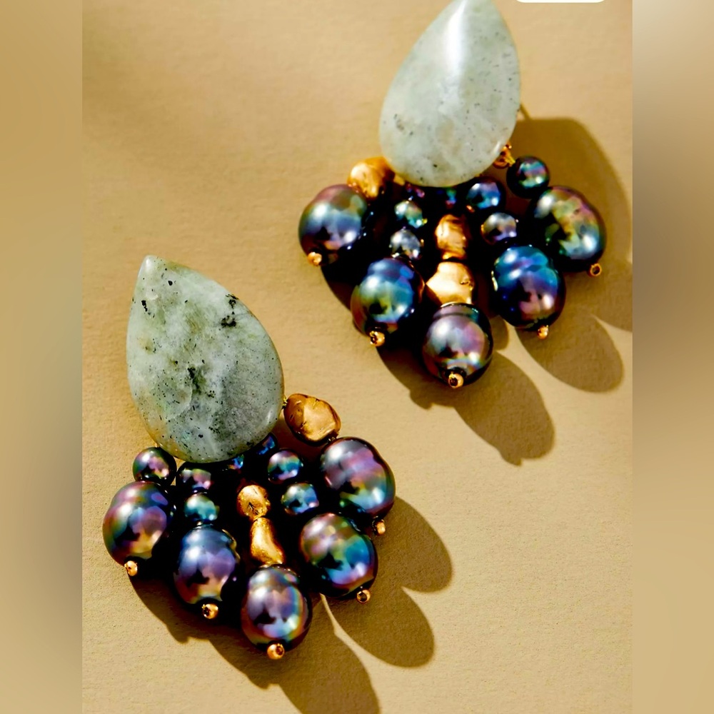 Anthropologie Womens Pearl-Fringe Dangle Drop Earrings Gray Gold Purple OS